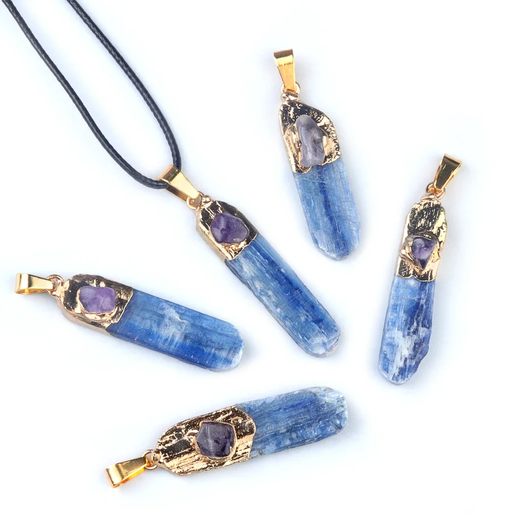 

Fashionable Gold Small Mineral Pendant Necklace Blue Kyanite Amethyst Natural Stone Jewelry Exquisite Gifts