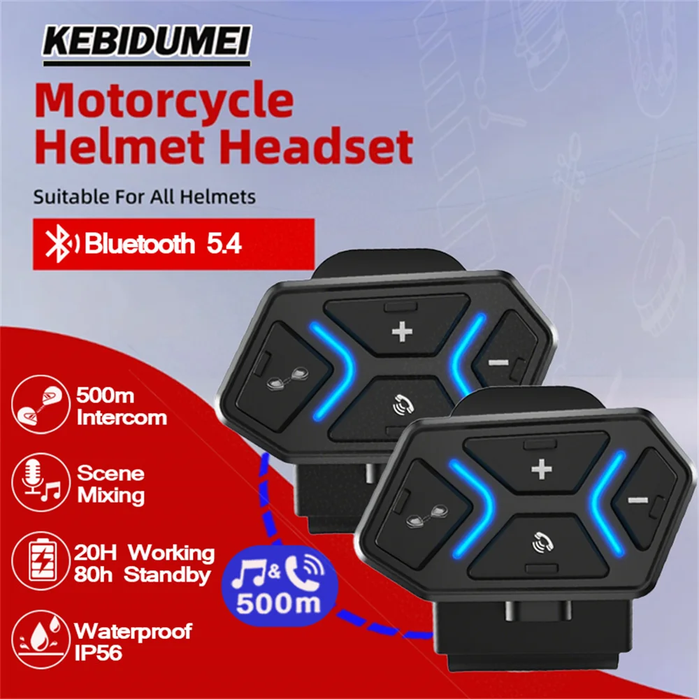 

Bluetooth 5.4 Мотоциклетная гарнитура для шлема, интерком на 500 м для 2 райдеров, с шумоподавлением, водонепроницаемая, беспроводная, стереогарнитура hands-free
