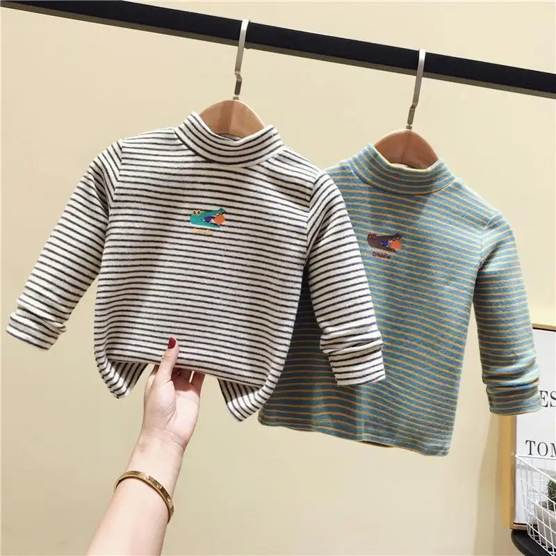 Children's semi high neck base shirt with thick velvet for boys/girls autumn/winter long sleeved knitted T-shirt baby warm top