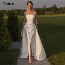 Toofgon Mermaid Satin Wedding Gowns With Over Skirt Pleated Bride Wedding Party Bridal Gowns Customized Women Slit Prom Dress