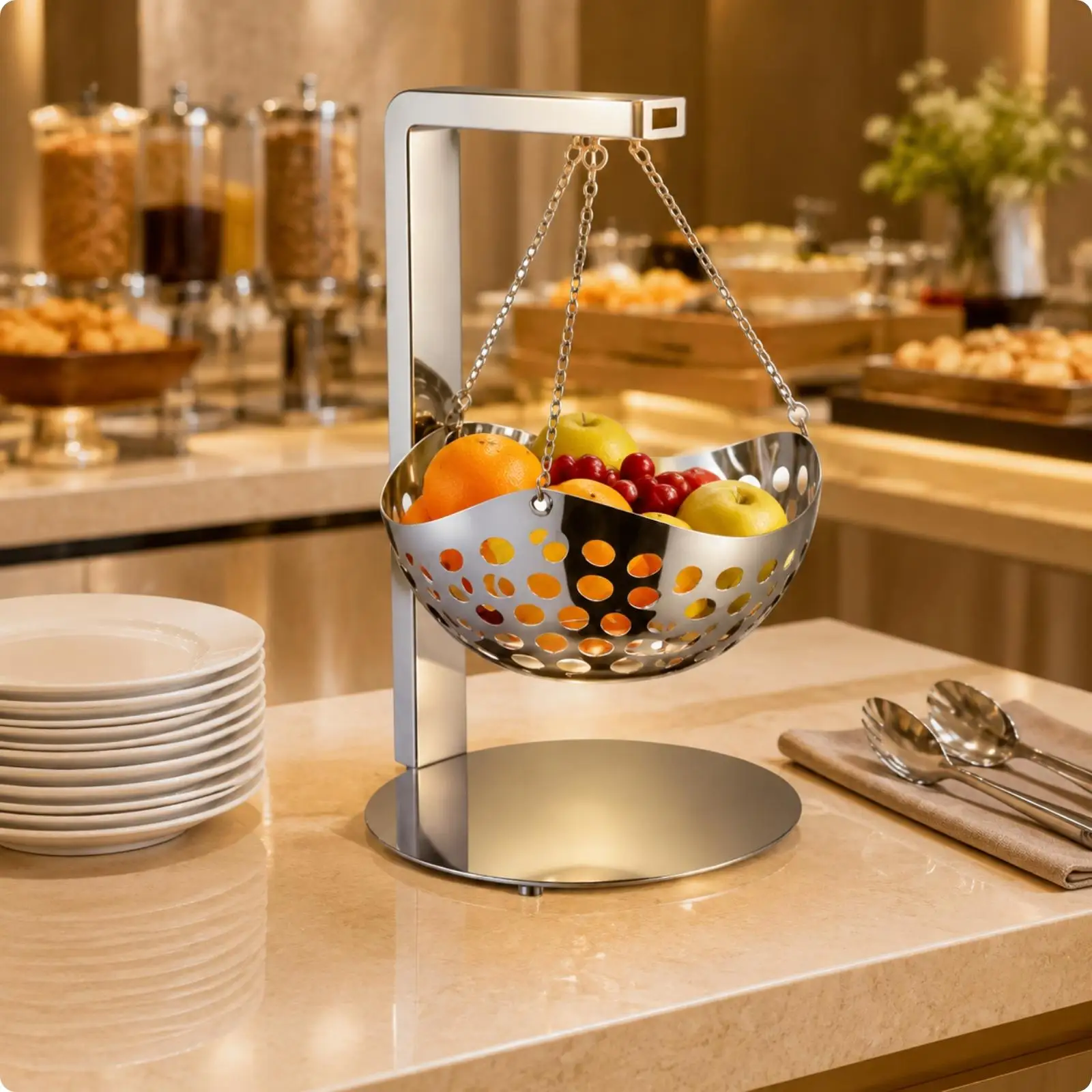 Stainless Steel Hanging Fruit Bowl Stand Ventilated Perforated Fruit Bowl with Stand Freestanding Sturdy for Kitchen