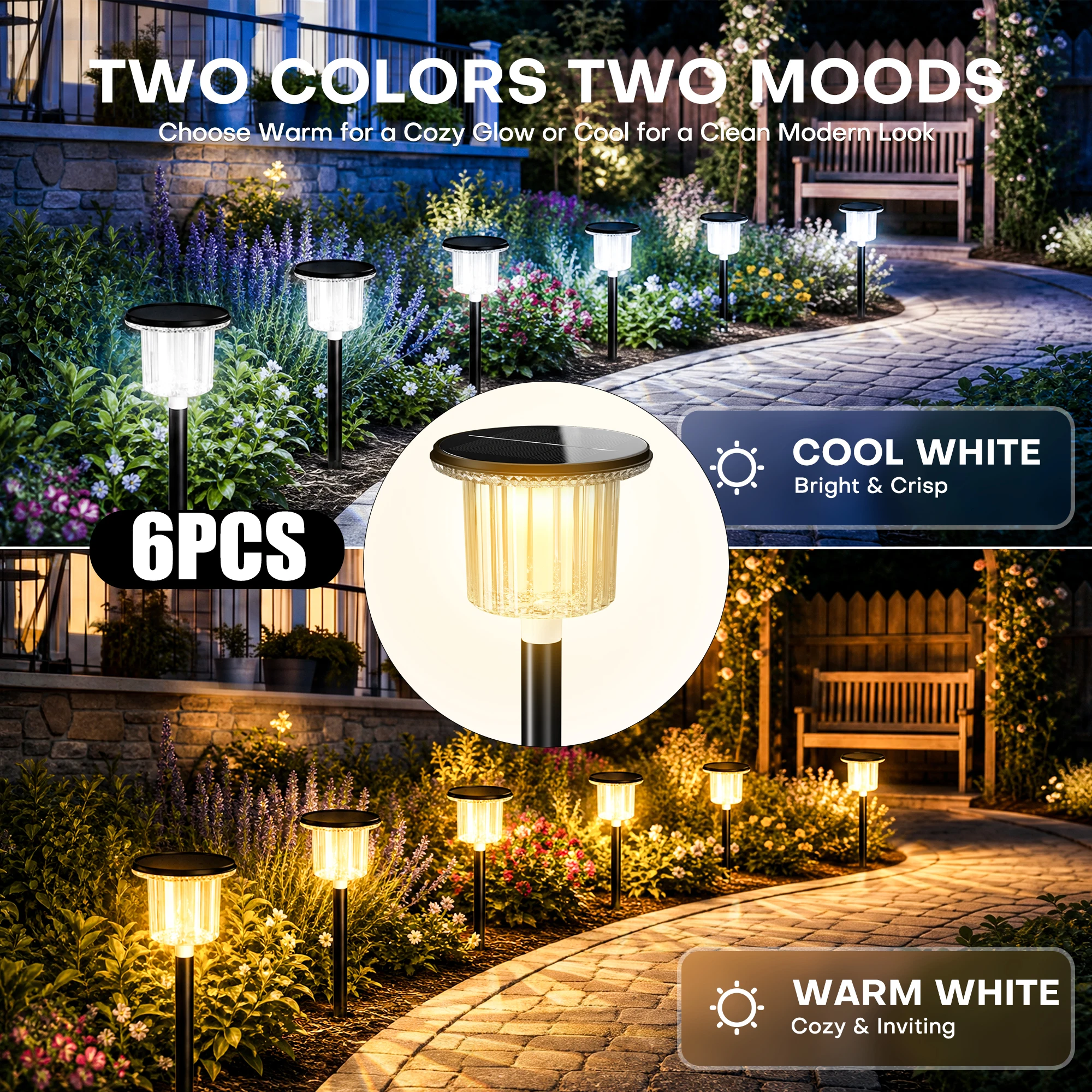 6 Pack Solar Pathway Lights Outdoor Waterproof IP65, Upgraded Solar Powered Garden Lights, 2 Color Temperature Adjustable Warm