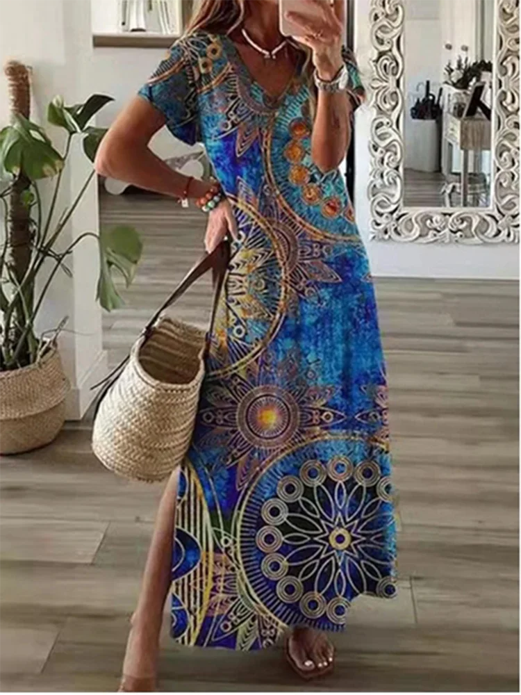 Trendy V-neck Printed Dress Women\'s Solid Color Pockets Casual Simple Beach Maxi Dresses