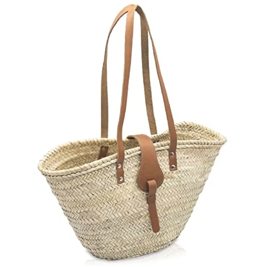 

FRENCH BASKET Straw Beach Tote Bag with Leather Handles Canvas Pouch Zip Closure Moroccan Market Basket for Summer - Ideal for