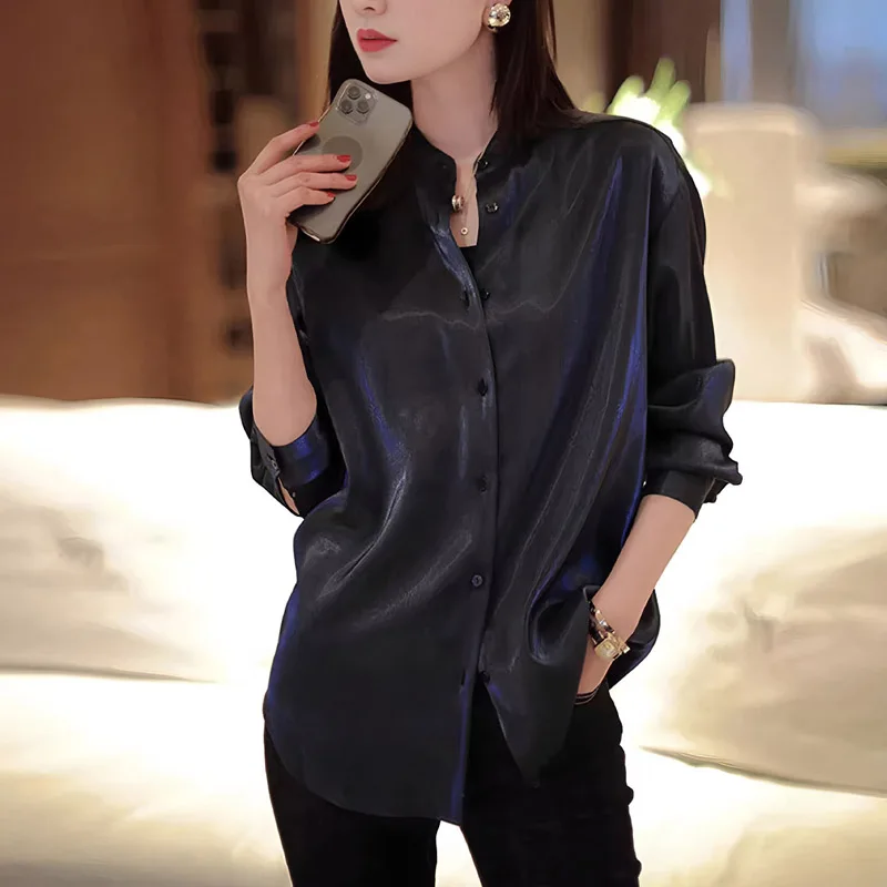 Blusas femininas vintage camisas de cor sólida moda solta verão roupas coreanas manga comprida gola virada para baixo cetim feminino topos