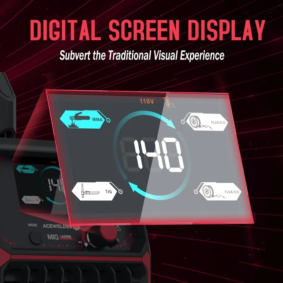 140A MIG Welder 3 in 1 Flux Core MIG/LIFT TIG/Stick Welding Machine 110V Portable IGBT Inverter Synergic Control with LED Displ