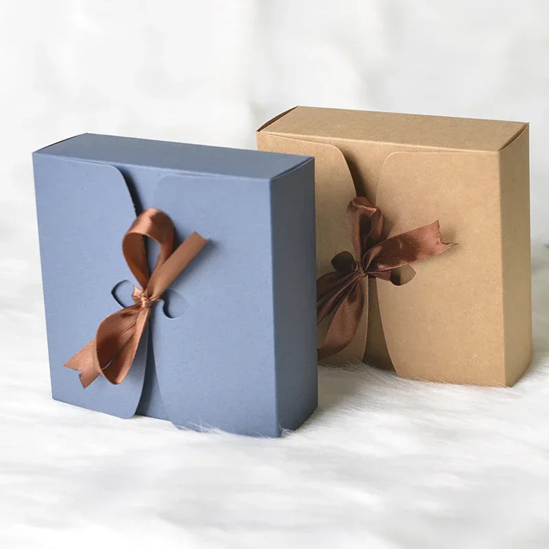 Dark Blue Kraft Paper Box 20pcs Christmas Gift Box with Ribbon Wedding Gifts For Guests Cookie Packaging Boxes cajas de Cartons