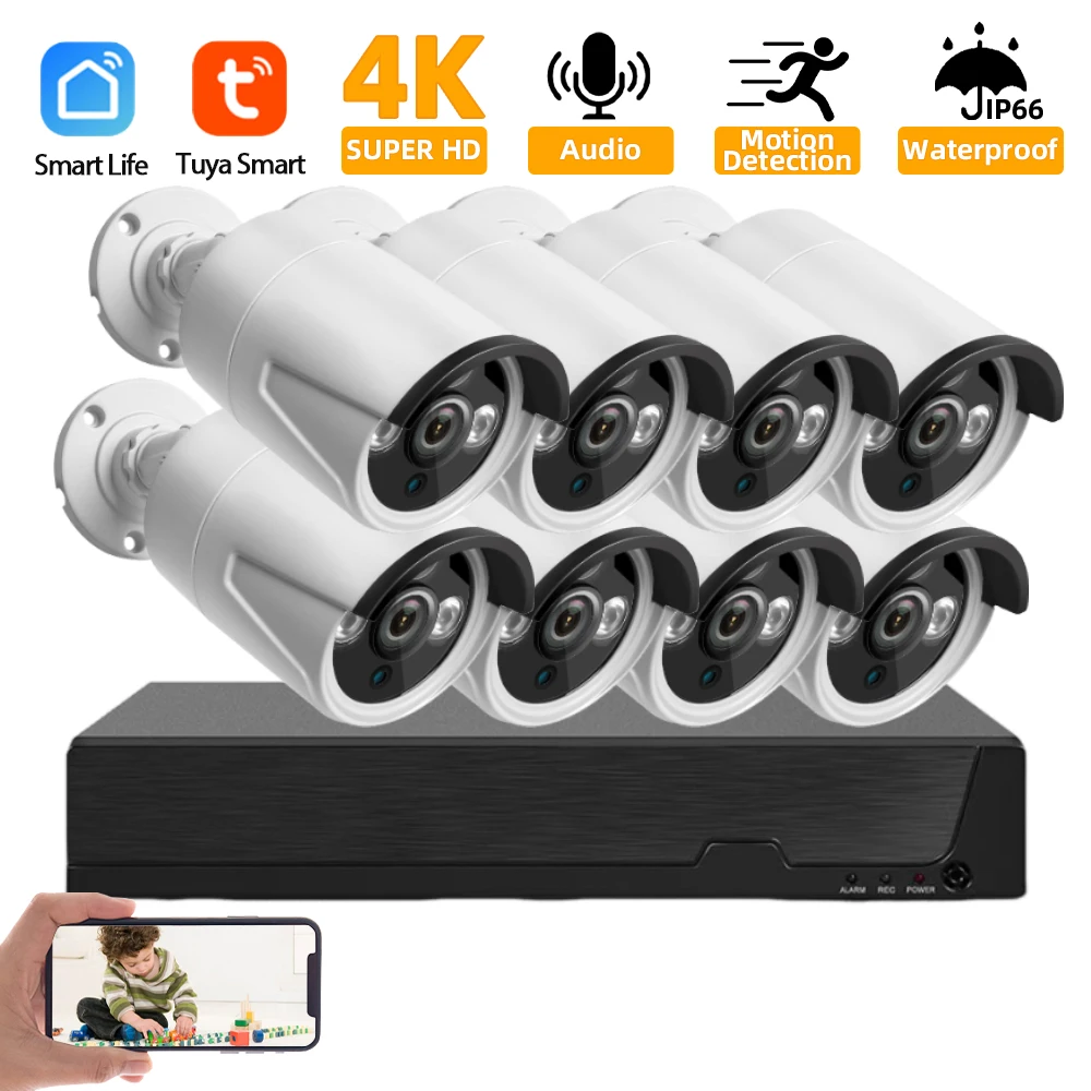 

Tuya 8CH 4K POE NVR Kit CCTV Security Camera System 8MP Audio Record Indoor Outdoor IP Bullet Camera Video Surveillance Kit 4CH