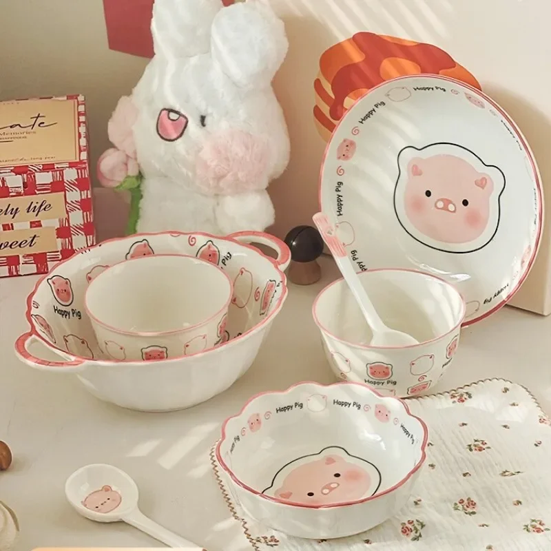 

Underglaze color bowl cute dish set household high value ceramic rice bowl plate handle instant noodle bowl tableware