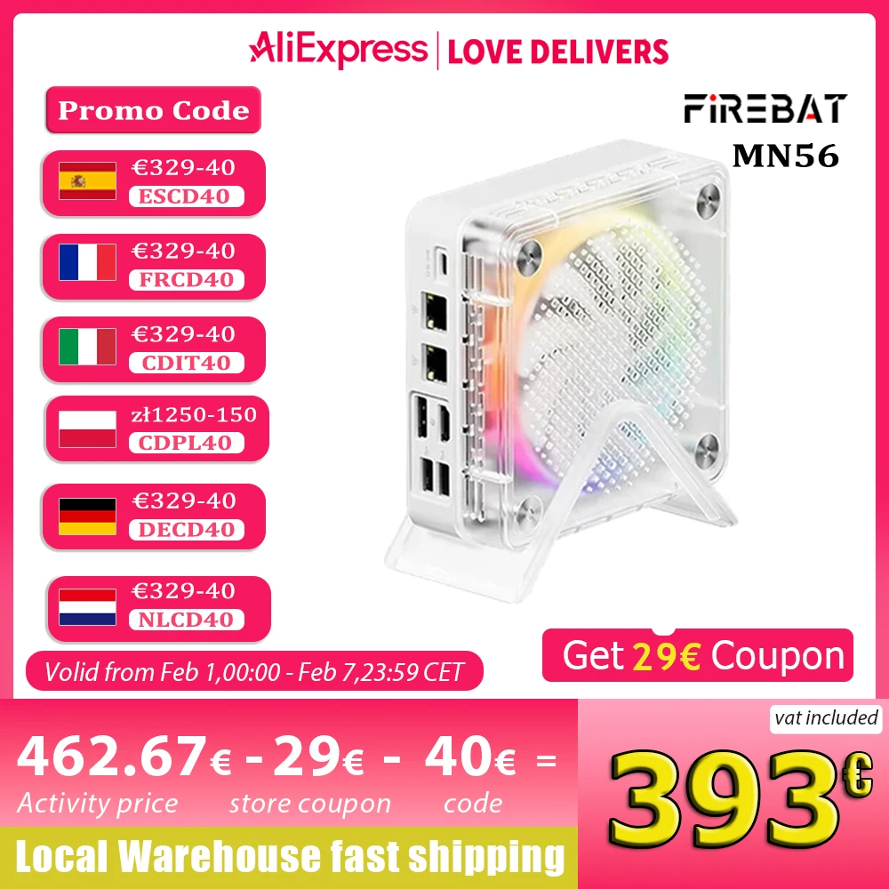 FIREBAT MN56 MINI PC AMD R7-8745HS H 255 Mini PC Kleurrijke Gamer 16GB DDR5 512GB SSD AMD Radeon ™ 780M BT5.2 WIFI6 Desktopcomputer