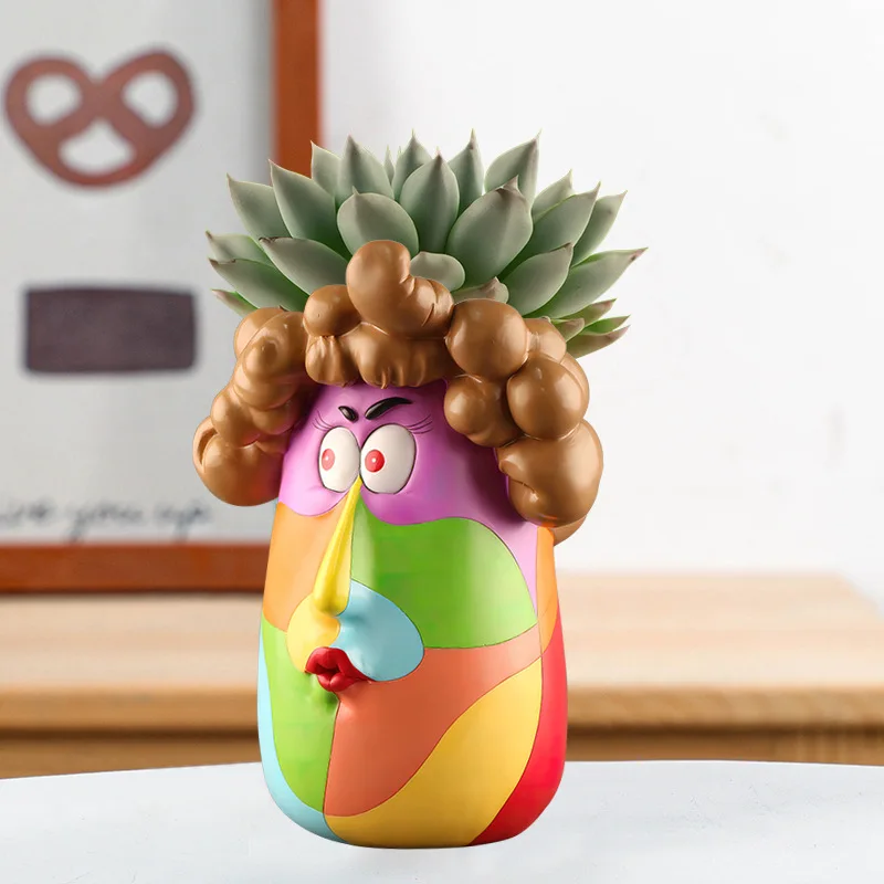 Imagem -02 - Nórdico Colorido Cartoon Curly Hair Girl Flower Pot Resina Arte Suculento Flower Pot Home Tabletop Decoração Jardim