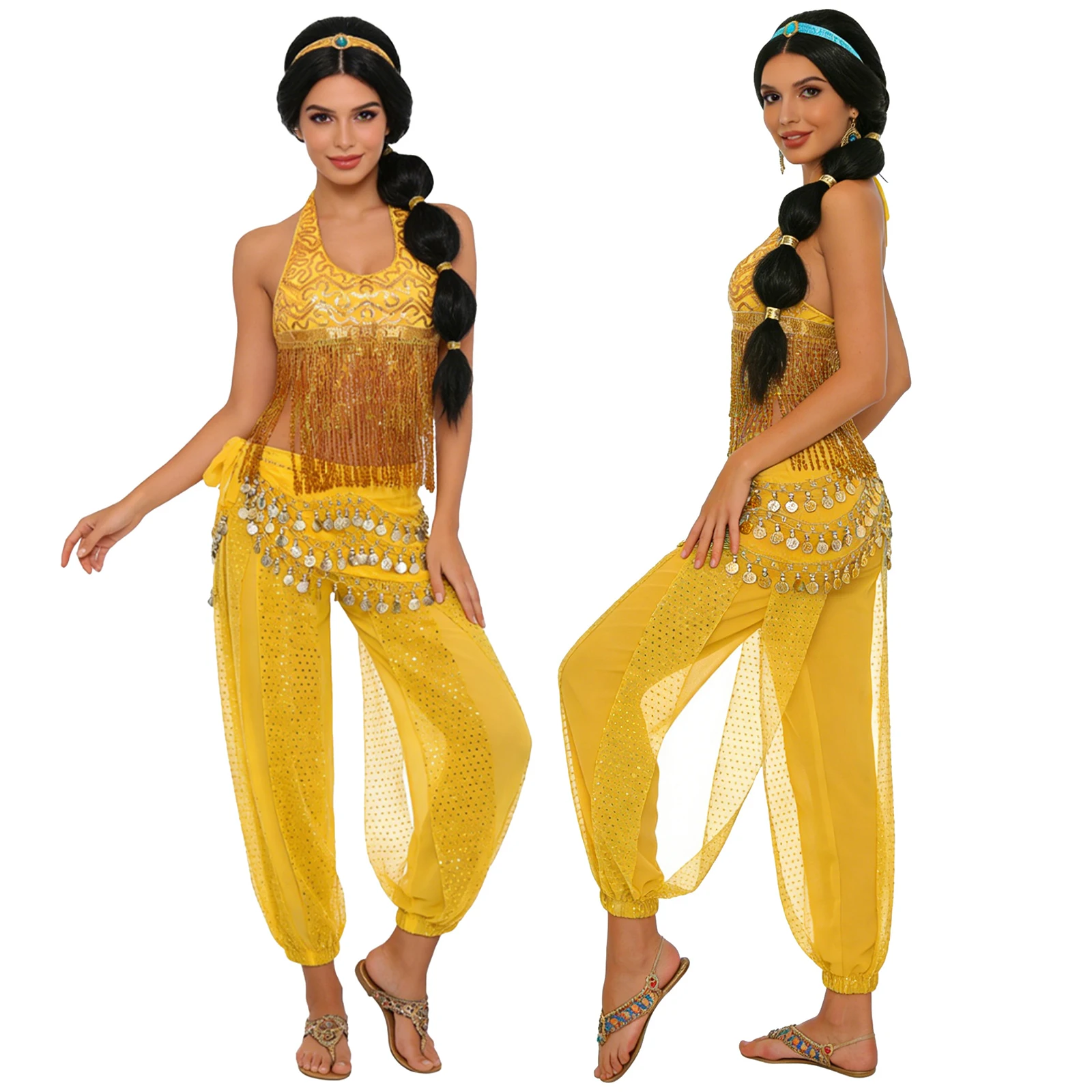 

Women Glittery Belly Dance Performance Halter Top And Bloomers Long Pants with Hip Scarf Set for Training Stage Dance Costumes