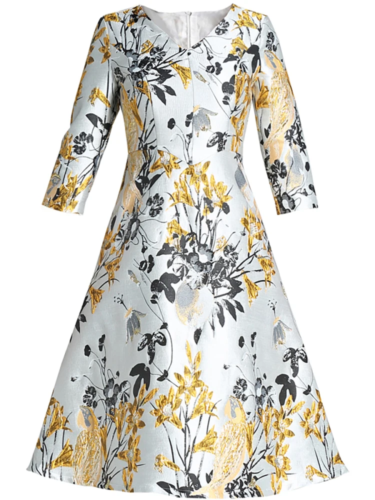 Wysokiej jakości elegancka sukienka damska na wiosnę i lato z krótkim rękawem, w kształcie litery A, żakardowe kwiaty, elegancki dekolt w serek, suknia ślubna dla panny młodej, sukienka na przyjęcie.