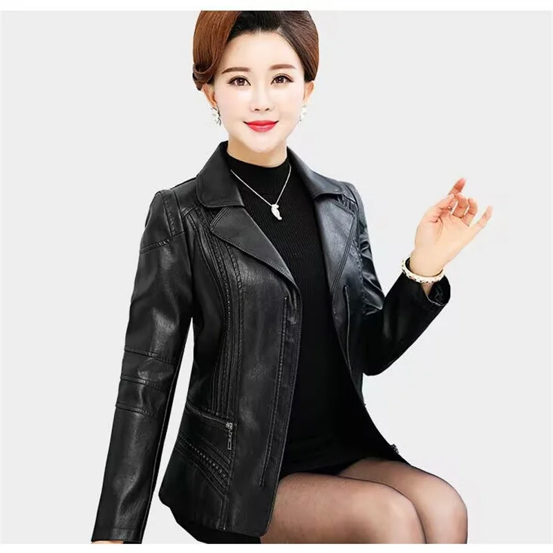 Otoño Invierno mujer chaqueta de cuero de manga larga señora talla grande 6XL abrigo de cuero PU madre de mediana edad prendas de vestir de cuero lavada