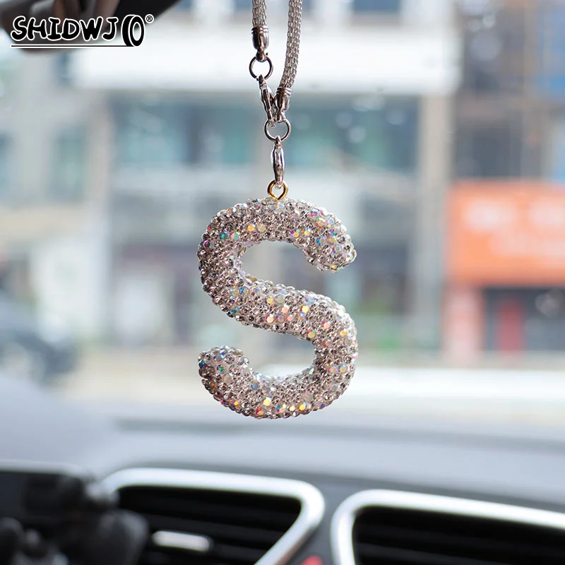 모조 다이아몬드 글자 자동차 백미러 펜던트, 크리스탈 자동차 장식, 블링 액세서리, 매달림, 창의적이고 반짝이는 매력, 1PC