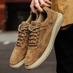 Brown Men Casual Shoes Handmade Man Shoes Suede Korean Style Skateboard Shoe High Quality Mens Sneakers Shallow Lace Up Shoes