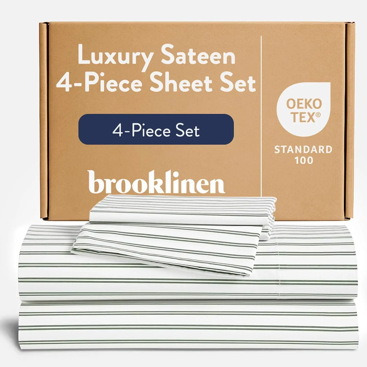 Queen 4-Piece 100% Cotton Sateen Sheet Set - Green Tandem Stripe, Oeko-TEX Certified Luxury Bedding, Includes 1 Fitted Sheet