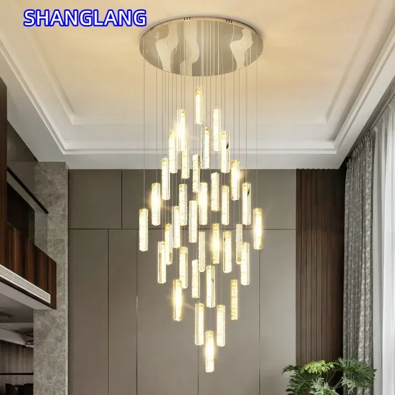 K9 Crystal Led Pendant Lights for Room Gold Chrome Steel Hanging Lamp Hotel Hall Villa Stair Ajustable Cable Suspend Chandelier