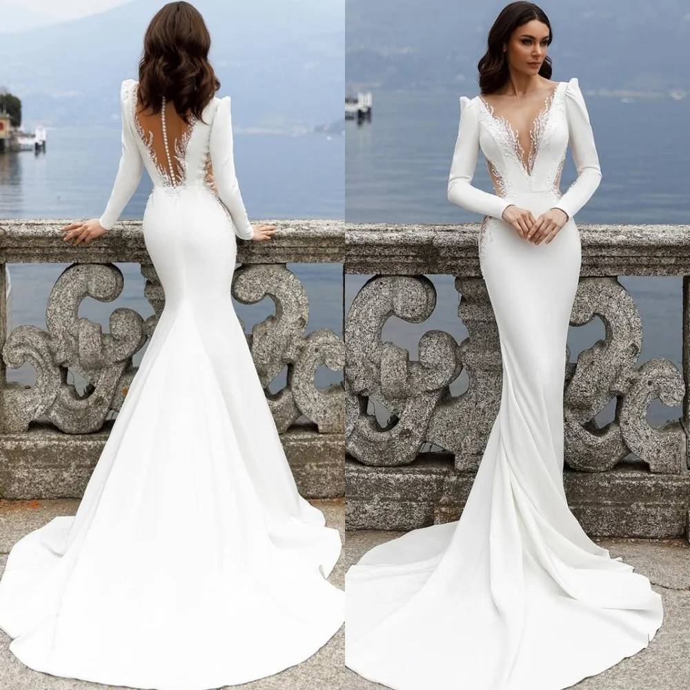 

Customized Mermaid White Jersey Evening Dresses Exquisite V-Neck Long Sleeves Homecoming Dresses Backless Open Back Prom Dresses