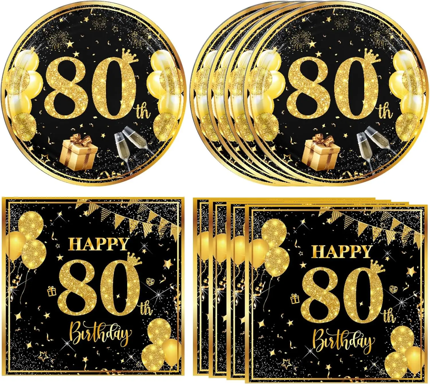 80th Birthday Decorations Black and Gold, 80th Birthday Party Supplies Black Vintage Plates, Napkins, Cups 80th Birthday Plates