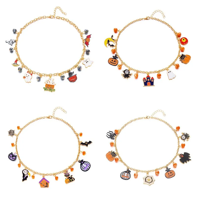 القوطية الشرير هالوين سلسلة معدنية قلادة للنساء الرجال Vintage العنكبوت الأسود الخفافيش اليقطين شبح الترقوة المختنق مهرجان مجوهرات