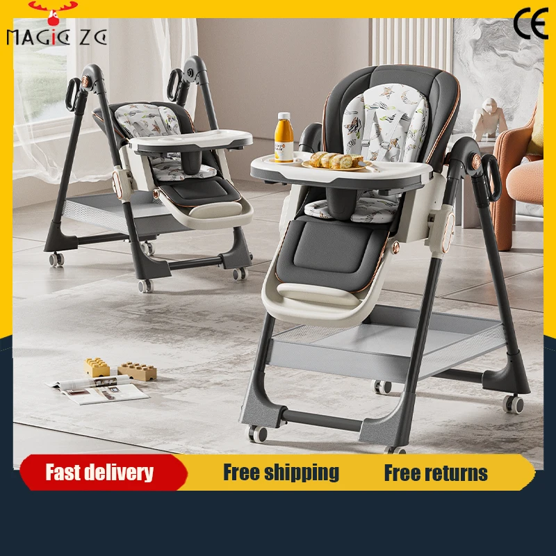 Chaise haute multifonctionnelle pour bébé, avec grand espace de siège, en alliage d'aluminium, avec ceinture de sécurité, réglable, avec plateau, et roulettes multidirectionnelles.