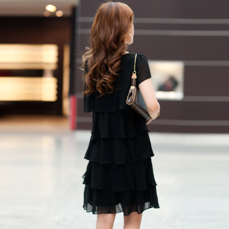 เดรสชีฟองสไตล์วินเทจสำหรับผู้หญิง ดีไซน์ลำลอง ระบายชายกระโปรง เหมาะสำหรับงานปาร์ตี้