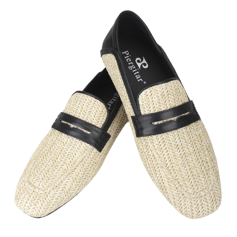 Piergitar Summer Model Custom-Made Weave Raffia Slip-On Men's Flat Shoes British 