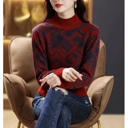 Autumn and Winter Fashion Korean Edition Color Block Jacquard Half High Neck Loose and Versatile Western Women's Knitted Sweater