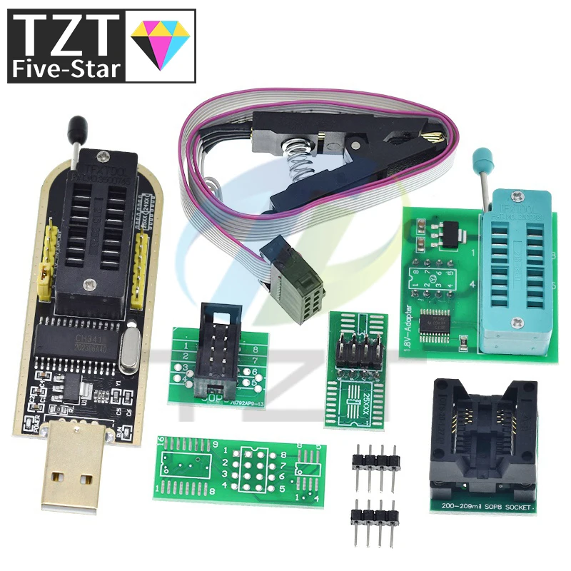 TZT CH341A CH341B 24 25 Series EEPROM Flash BIOS USB Programmer Module + SOIC8 SOP8 Test Clip For EEPROM 93CXX / 25CXX / 24CXX