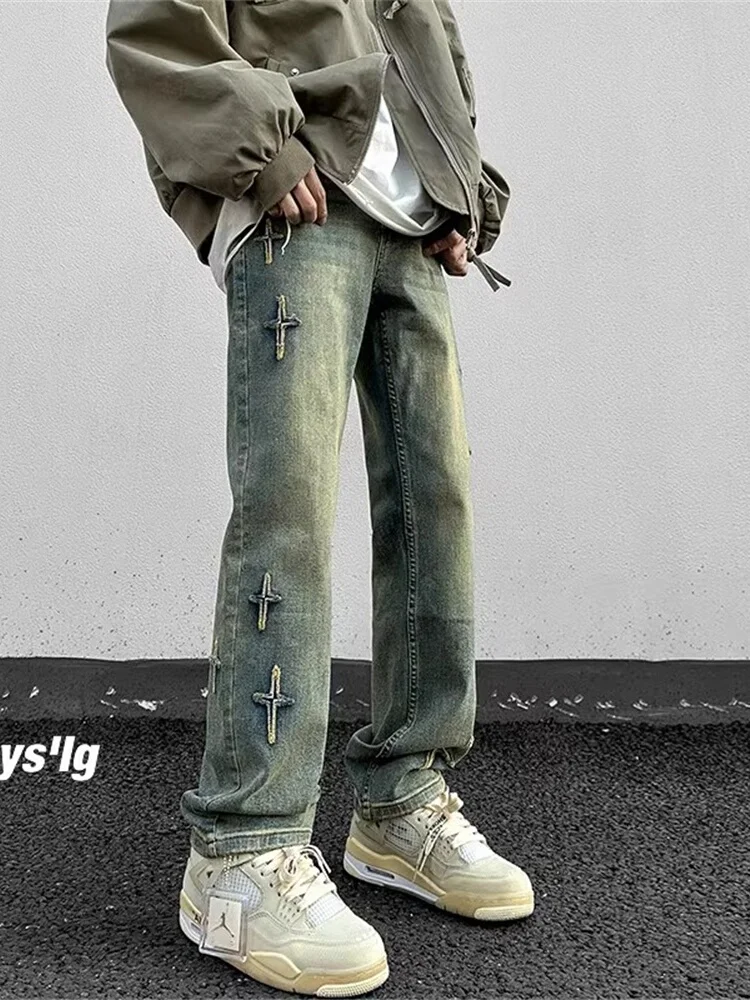 

Stars Embroidered Straight Leg Jeans Men's Sle American Brand Trendy Boys Loose Fit Long Pants Youthful ular Jeans