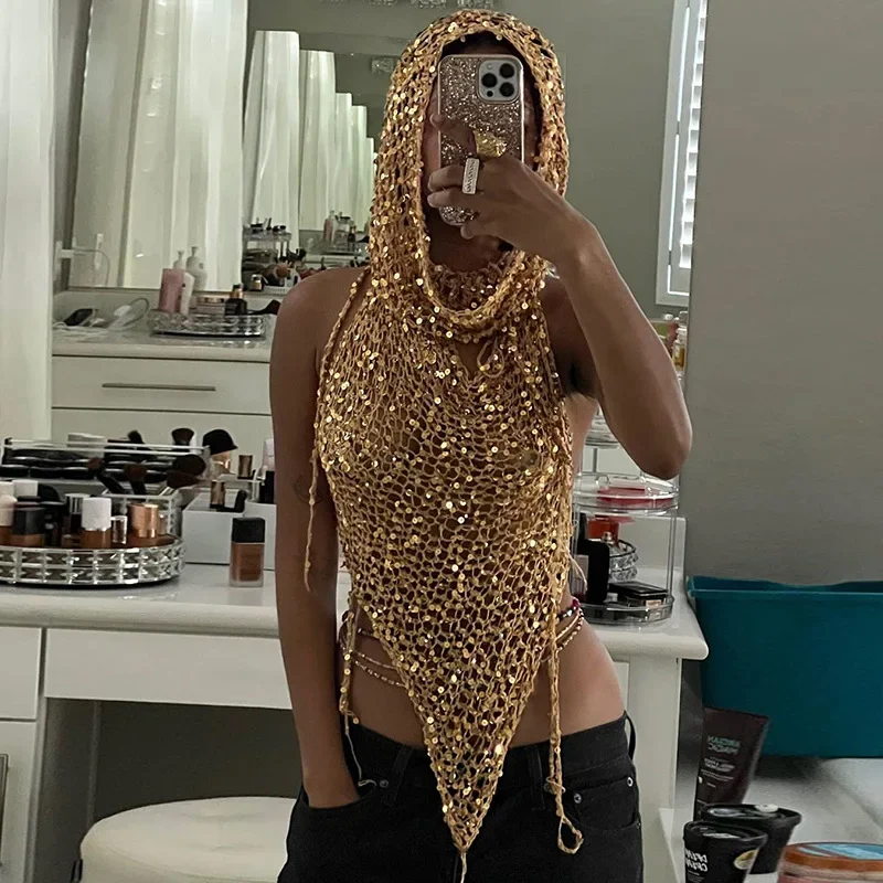 Sexy Hot Women 2 Piece Shiny Sequin Gold Hooded Tops Shorts Sets Hollow out Knitted Top High Waist Slim Shorts Two Piece Outfits