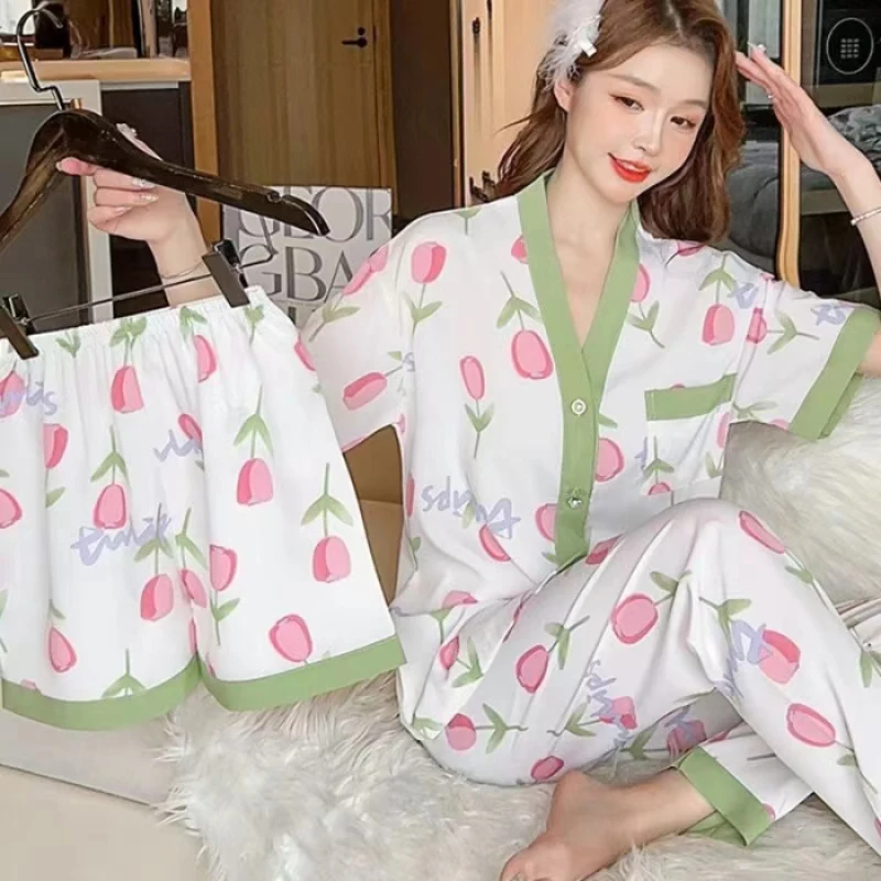 Elegant Classic Y2k Three-piece Pajamas for Women 2024 New Spring/summer Sleepwear Short Sleeves+Shorts+Pants V-Collar Home Suit