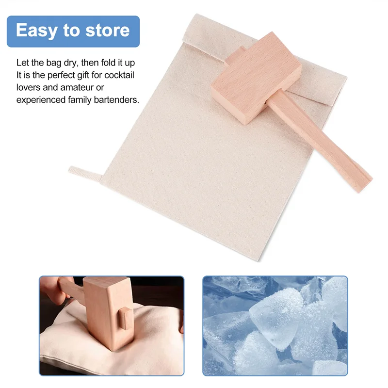 Pack of 2 Bags and 1 Piece Ice Mallet Set-Reusable Canvas Crushed Ice Bags with Wooden Mallet for Home Bar