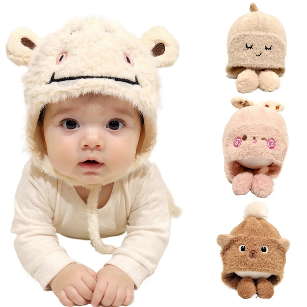 

New Plush Winter Baby Hat for Girls Boys Cartoon Warm Pompom Ball Tie Bonnet Hat Outdoor Windproof Thicken Kids Beanies Cap