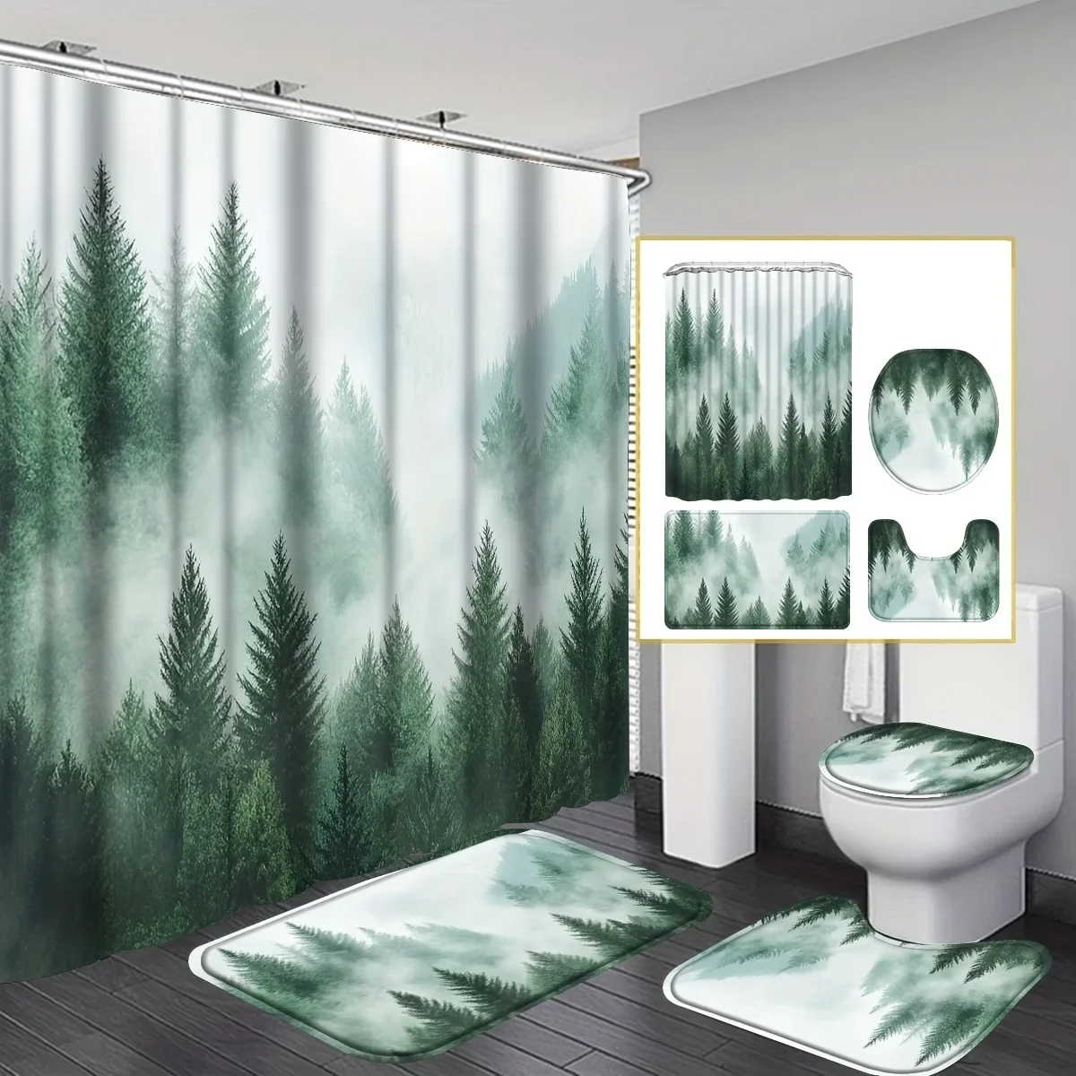 

4-piece Green Misty Forest bathroom set, gradient sage and white, U-shaped mat, toilet seat cover, machine washable, with hooks