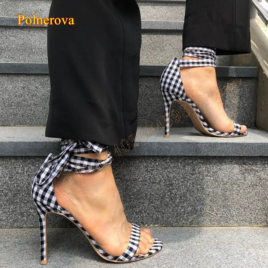 Checkerboard Canvas Sandals Round Toe Stiletto Strap Women's Shoes Wedding Party Heels Plus Size 2024 New Zapatos Para Mujere