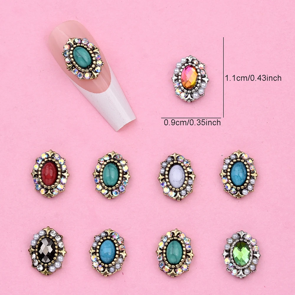 10pcs Retro Nail Rhinestone Charms Antique 3d Crystal Oval Pearl Gemstone Alloy Nail Jewelry for Nail Decorations Designs