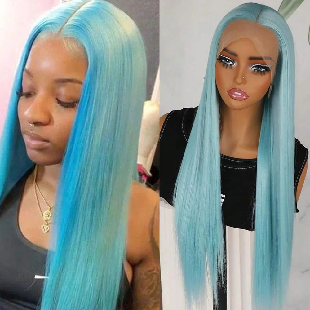 

Lace Front Wigs Synthetic 13x4 Long Silky Straight Hair Light Blue Heat Resistant Fiber Glueless Pre Plucked Natural Hairline