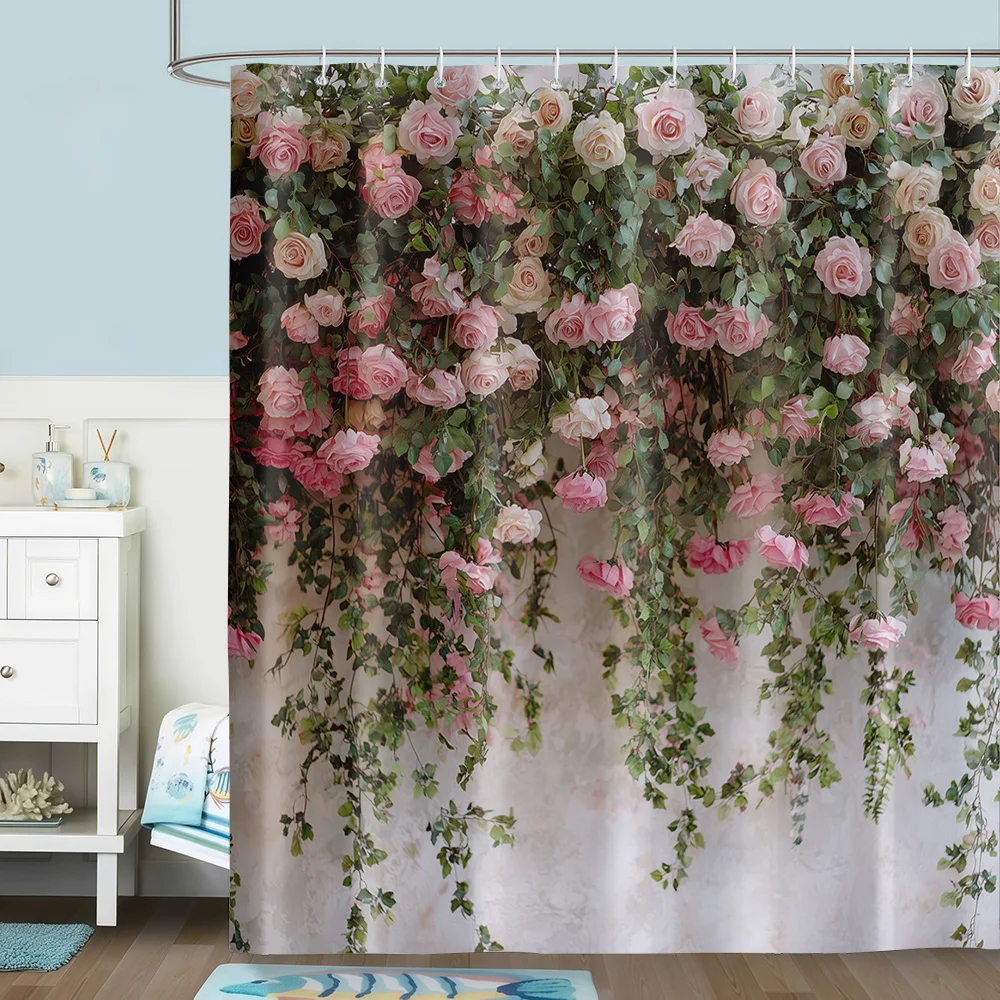

Luxury Floral Shower Curtain Pink Roses Botanical Wedding Bathroom Curtain Waterproof Cottagecore Romantic Garden Decor