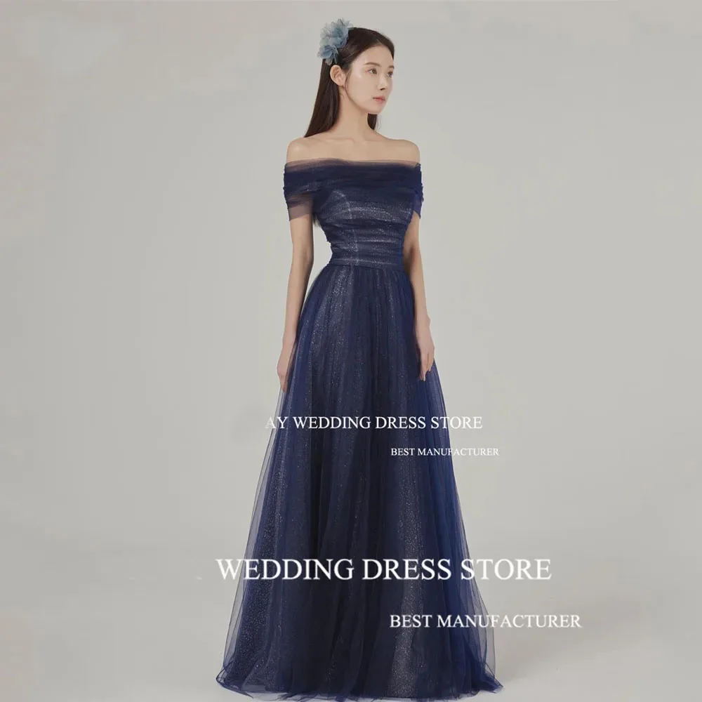ML Navy Blue Glitter Evening Dresses Customised Off The Shoulder Wedding Photo shoot Lace Up Back A Line Backless Prom Gown