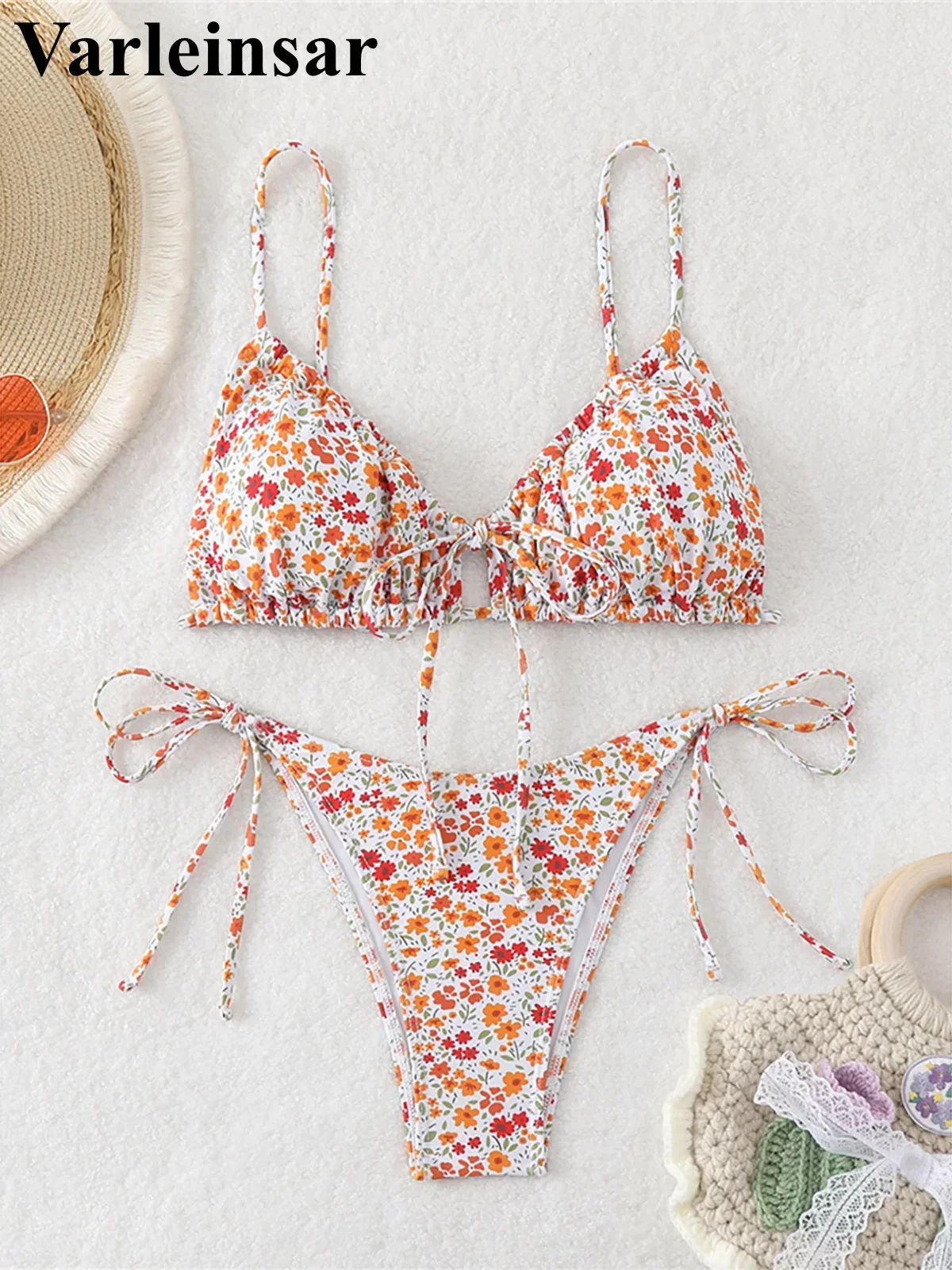 Flowers Printed Floral High Leg Cut Bikini Female Swimsuit Women Swimwear Two-pieces Bikini set Bather Bathing Suit Swim V5936