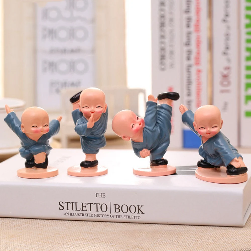 Resin Creative Ornaments Four Small Monk Car Accessories Shaolin Kung Fu Kid Gifts and Statue Room Bookshelf Home Office Bedroom