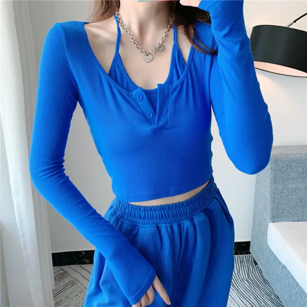 

YPFF Women's Slim-fit Long Sleeve T-shirt European American Style Solid Color Lace-up Neck Open Access Control Top for Autumn