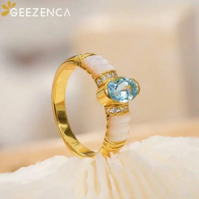 GEEZENCA Natural Topaz 925 Sterling Silver White Mother of Pearl Zircon Ring For Women Blue Stone French Chic Rings 2024  Gift
