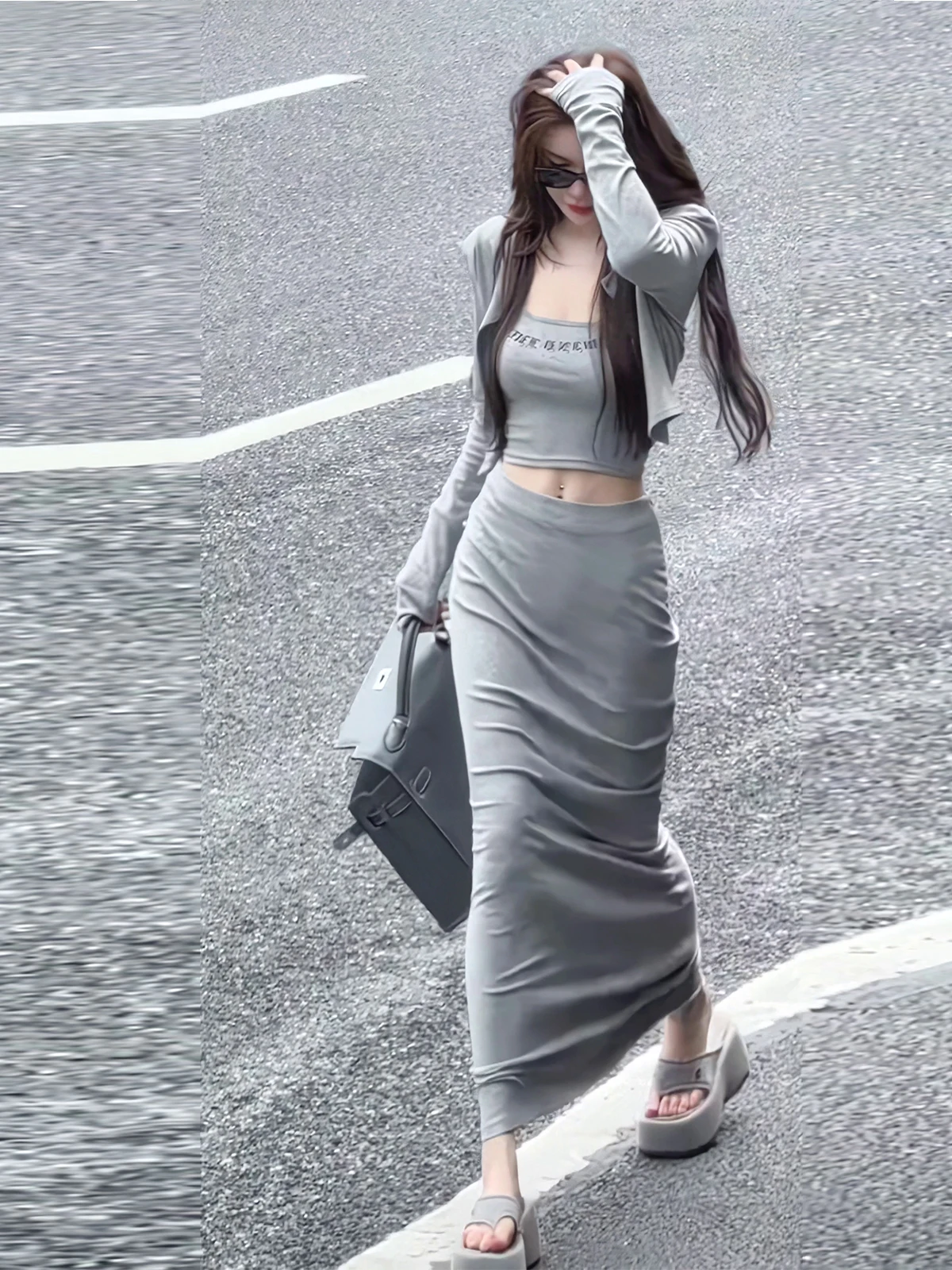 Korean Style Pure Desire Sexy Girl Sexy Neck Hanging Strap Vest Autumn New Sun Protection Cardigan Wrap Skirt Three Piece Set