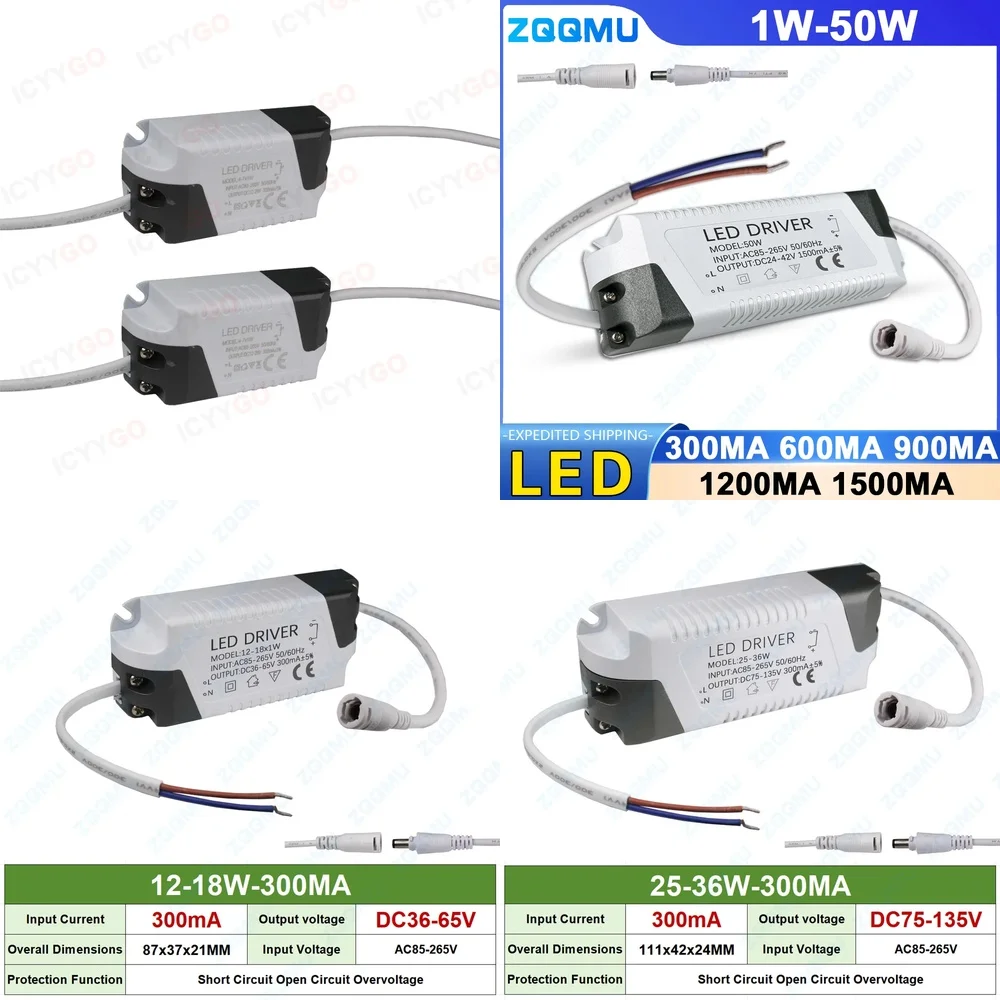 

LED Constant Current Driver 8-12W 12-18W 18-24W 25-36W 50W 300MA 600MA 900MA 1200MA Waterproof LED Power Supply Transformer for