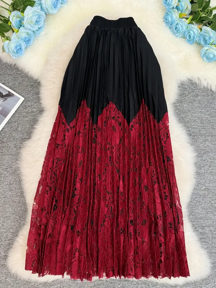 New 2026 Women Luxury Lace Patchwork Pleated Skirt Female Summer Versatile  A-line Elegant Long Skirt