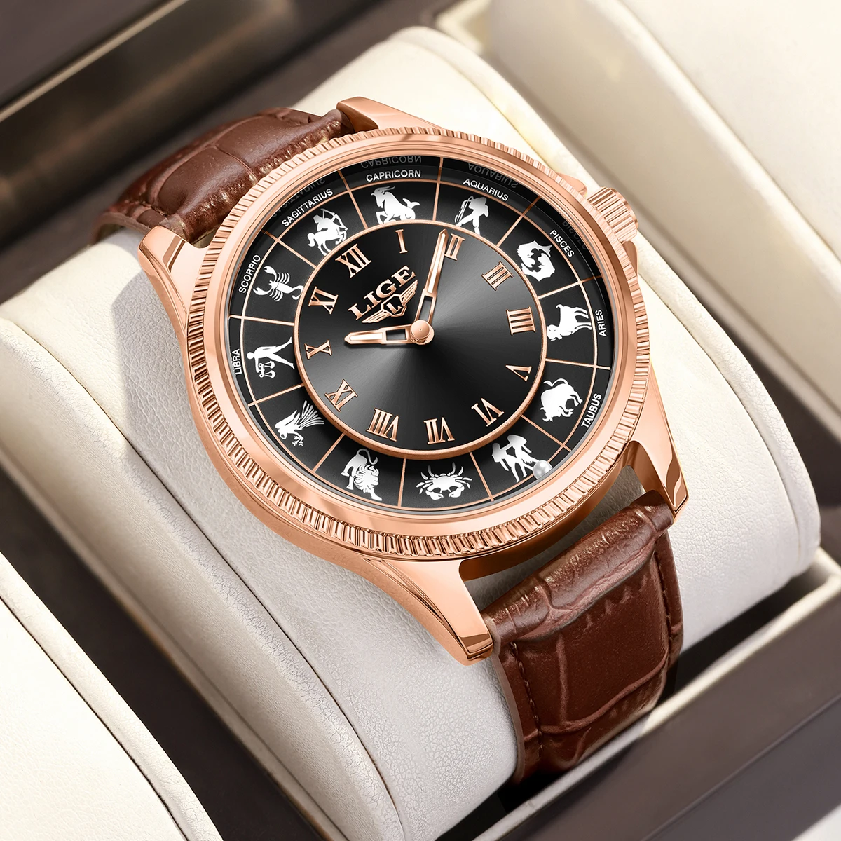 

LIGE Quartz Man Watch Fashion Luxury Creative Constellation Dial Design Leather Casual Life Waterproof Watches for Men Gifts+Box