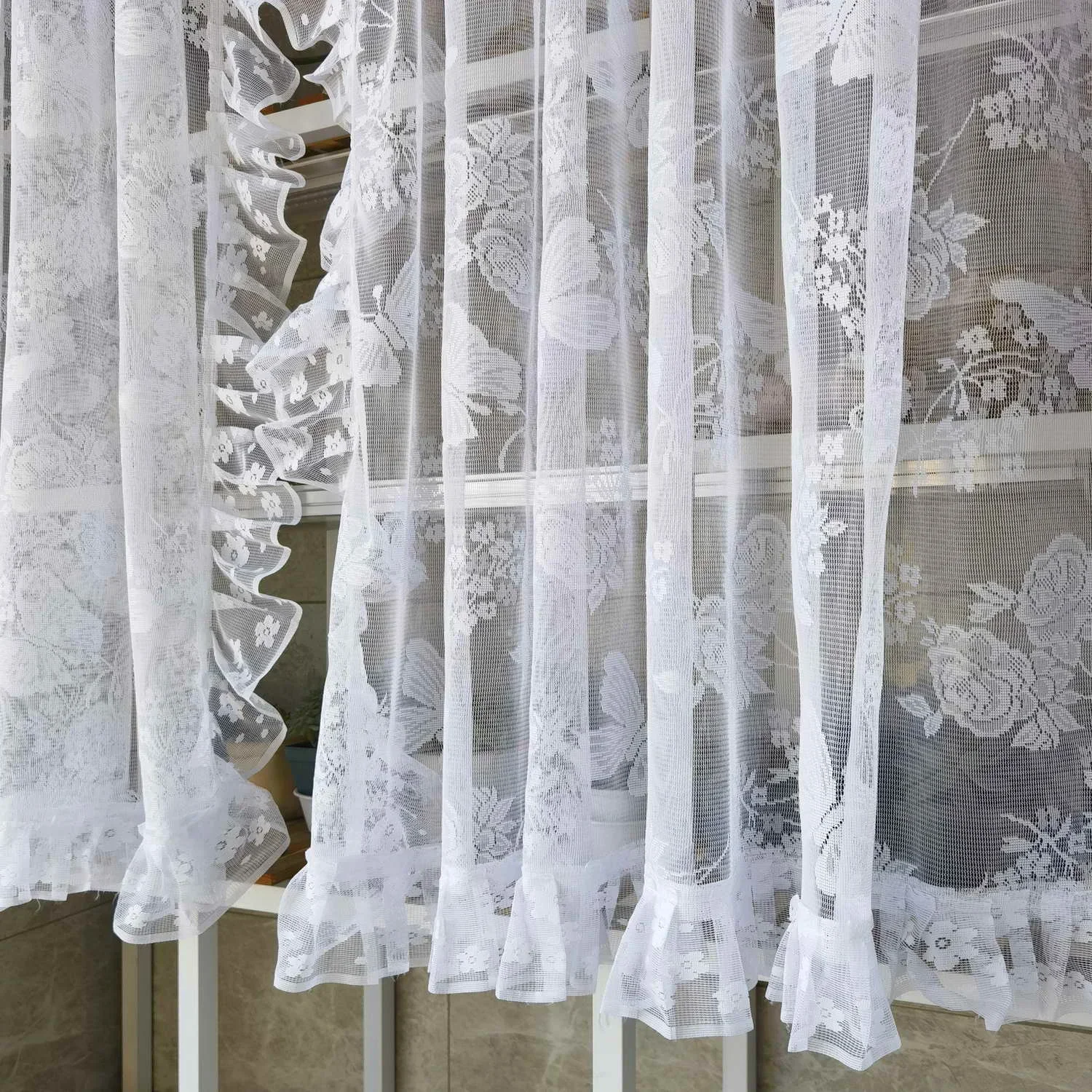 French Butterfly Flowers Lace Curtain White Ruffled Princess Style Tulle Sheer Curtain for Living Room Bedroom Half Door Curtain